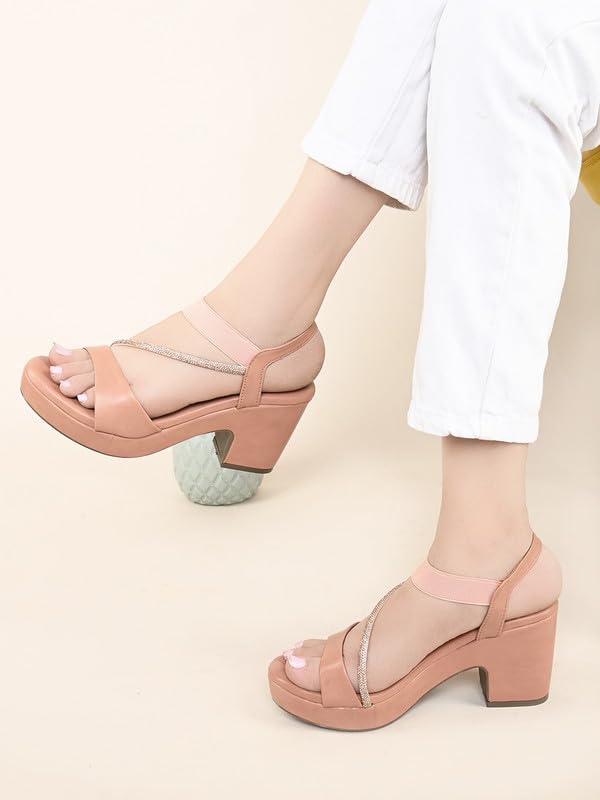 Xeloria Women's Glittery Block Heel Sandals with Side Strap, Cushioned Sole & Stylish Back Support for All-Day Comfort