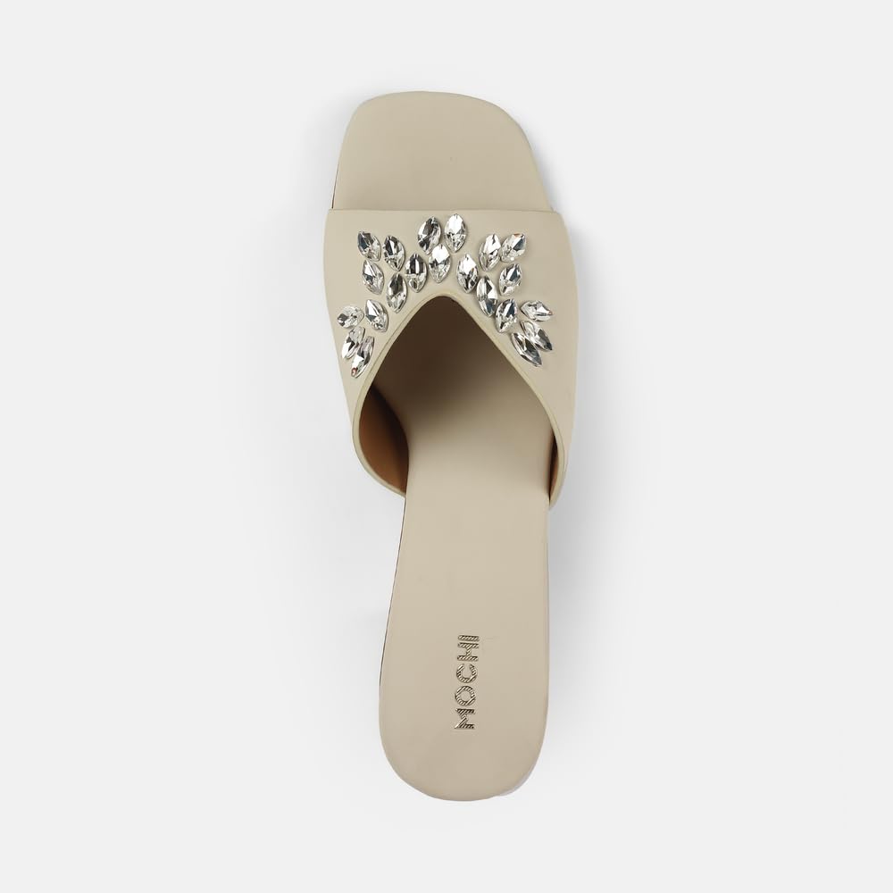 Mioré Women's Stylish Synthetic Slip-On Block Heel Sandals with Elegant Embellished Design for Casual & Party Wear