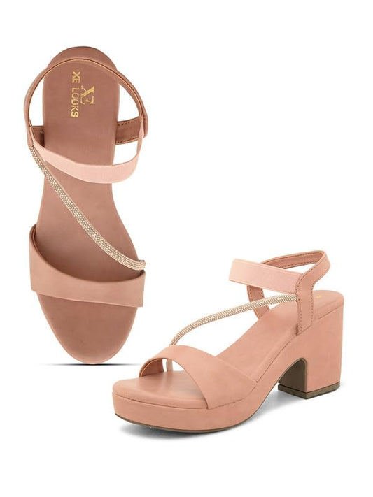 Xeloria Women's Glittery Block Heel Sandals with Side Strap, Cushioned Sole & Stylish Back Support for All-Day Comfort