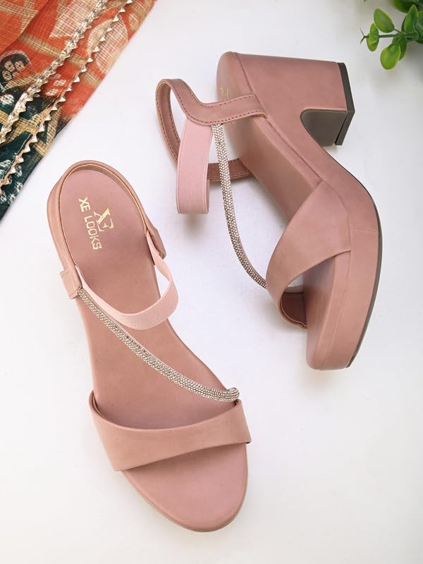 Xeloria Women's Glittery Block Heel Sandals with Side Strap, Cushioned Sole & Stylish Back Support for All-Day Comfort