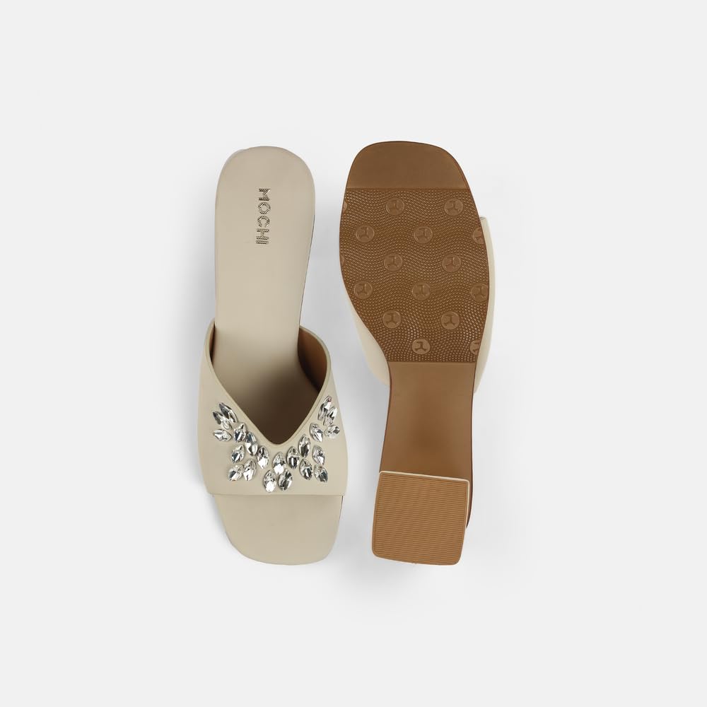 Mioré Women's Stylish Synthetic Slip-On Block Heel Sandals with Elegant Embellished Design for Casual & Party Wear