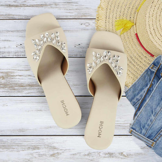 Mioré Women's Stylish Synthetic Slip-On Block Heel Sandals with Elegant Embellished Design for Casual & Party Wear