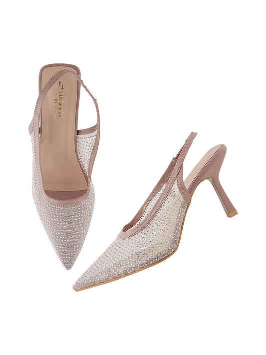 Sylaire Women's Glitter Stiletto Heels with Net Pattern | Fusion Look | Party-Ready Fashion Sandals