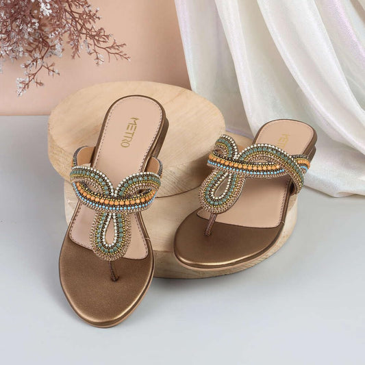 Mopeta Women Beaded Ethnic Slip-On Sandals – Stylish & Comfortable Fashion Footwear for Festive or Daily Wear