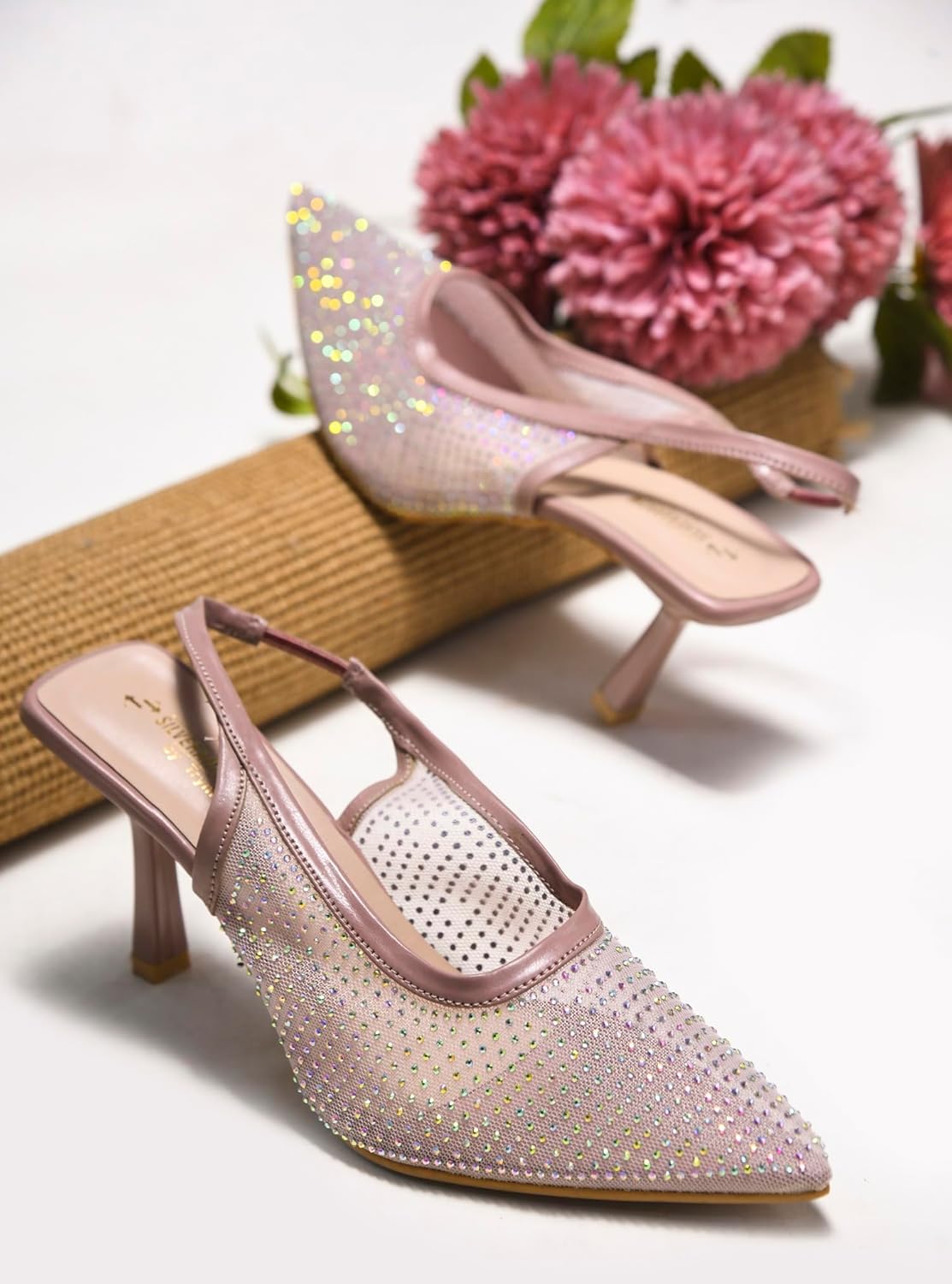 Sylaire Women's Glitter Stiletto Heels with Net Pattern | Fusion Look | Party-Ready Fashion Sandals